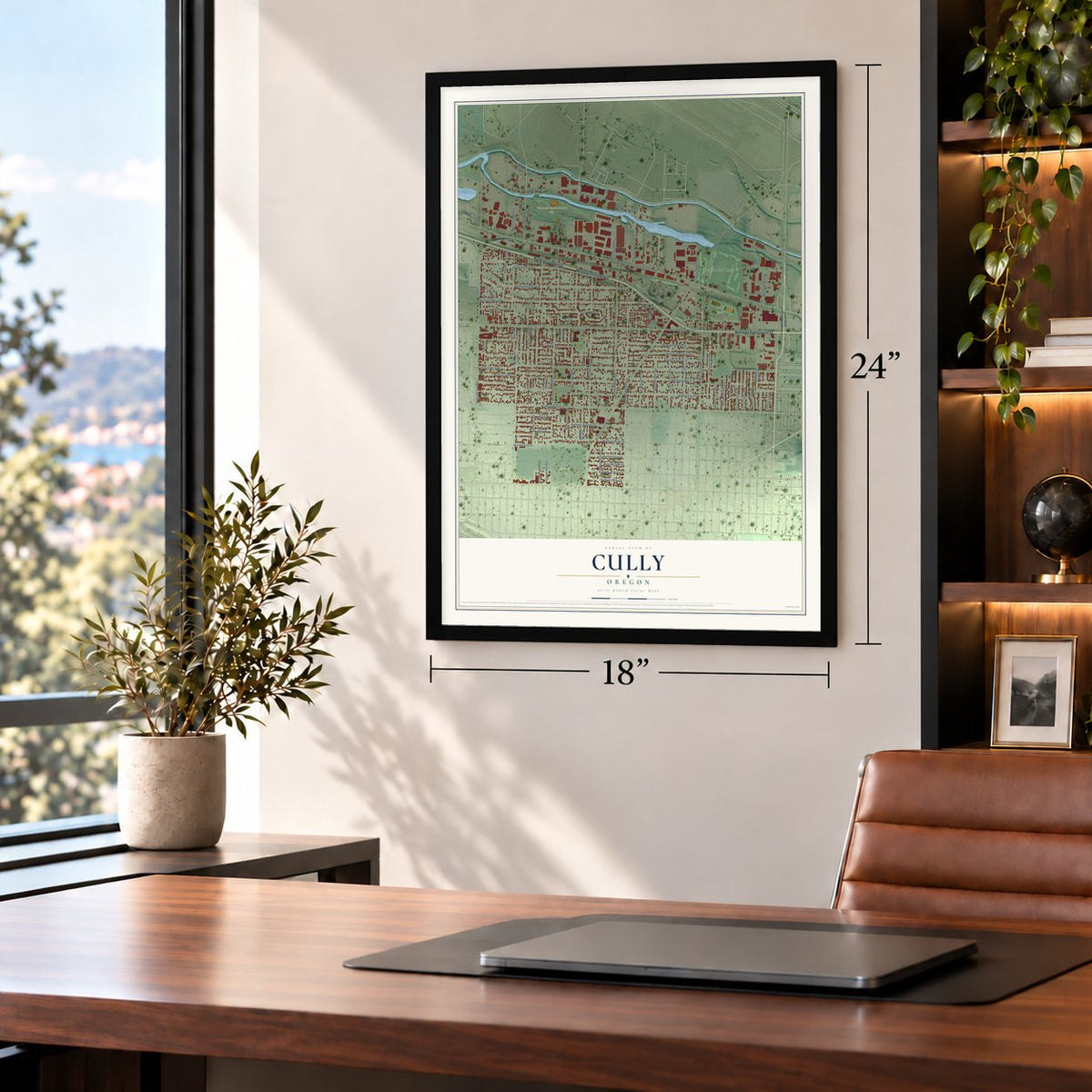 Cully, Oregon map, 18 x 24 inch print in a black frame in a home office