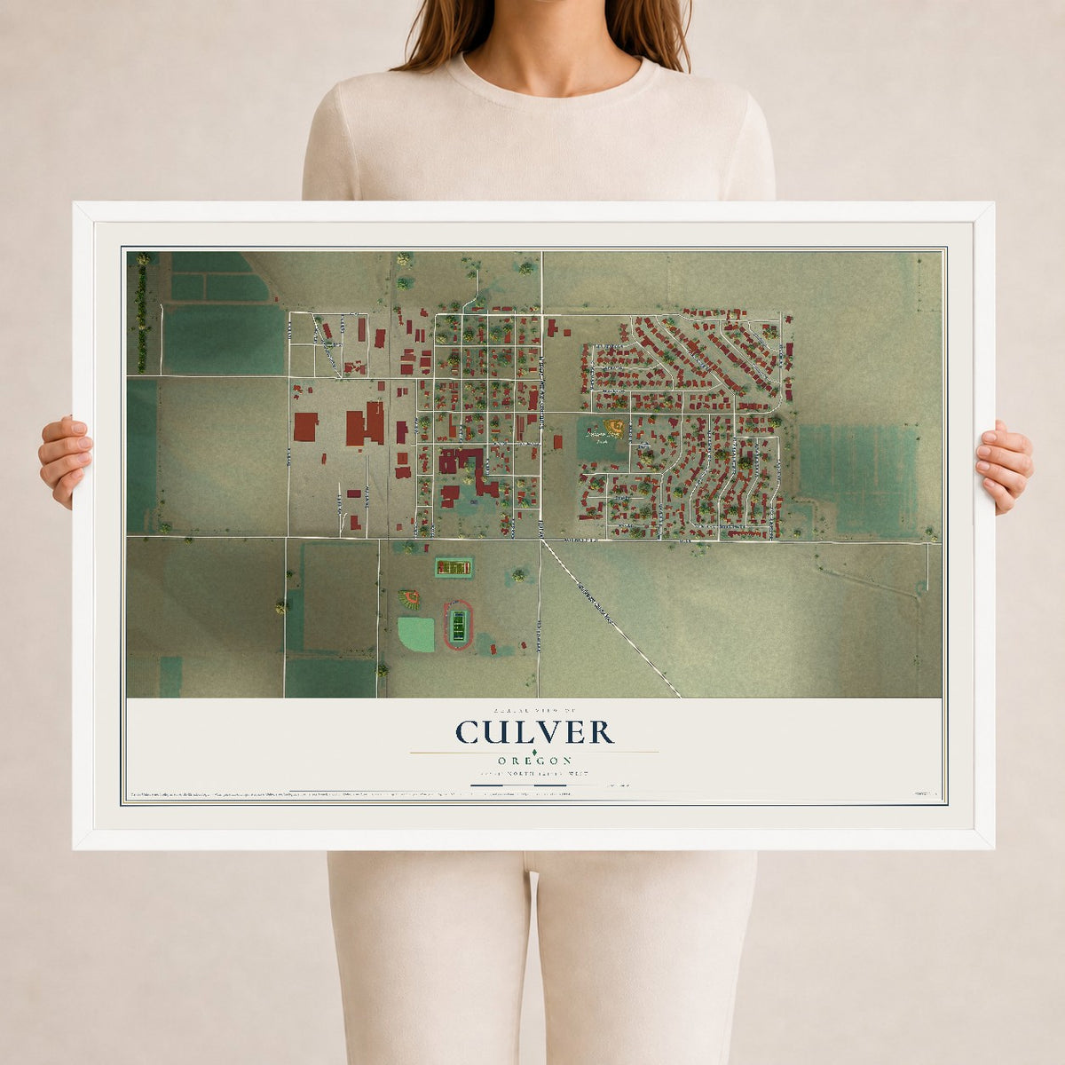 Map of Culver, Oregon, 24 x 36 inch print in a white wood frame