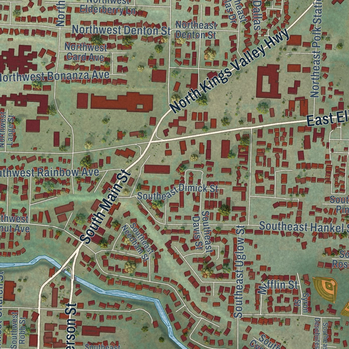 Close-up of the map of Dallas, Oregon print showing street and building detail