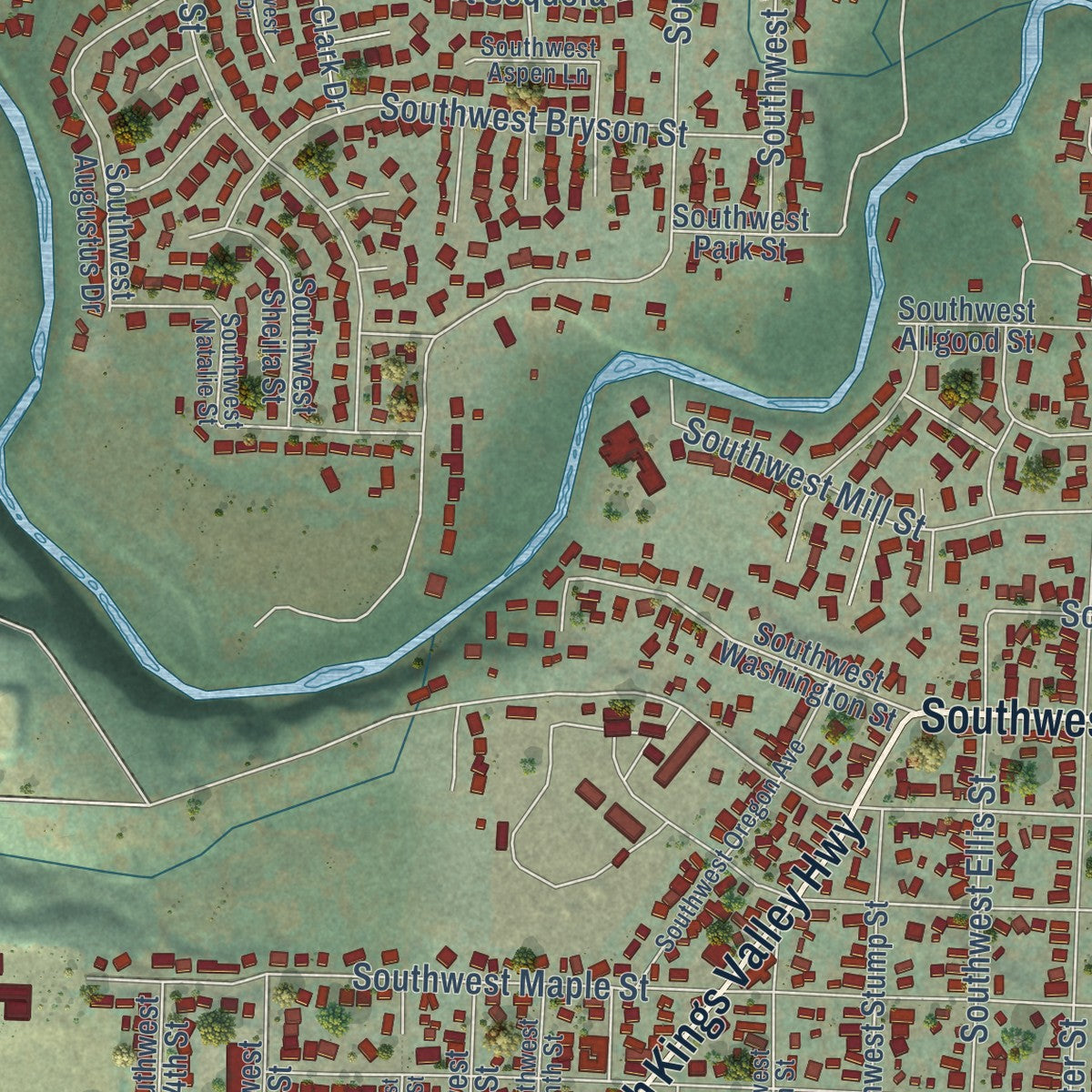 Second close-up of the map of Dallas, Oregon print showing more streets and buildings