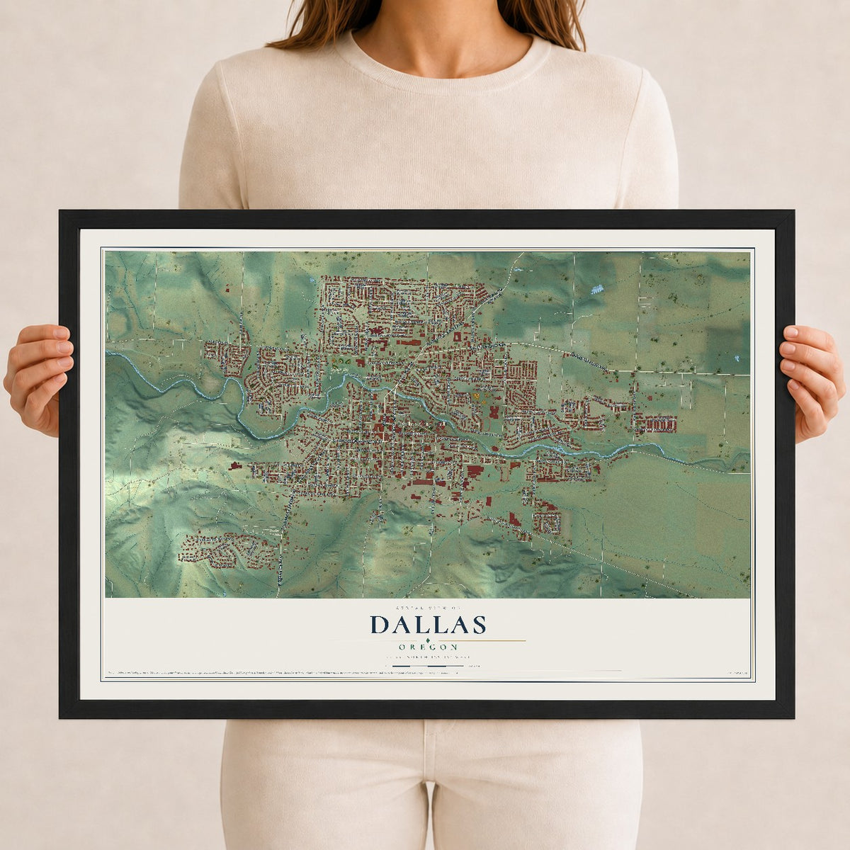 Map of Dallas, Oregon, 12 x 18 inch print in a black wood frame