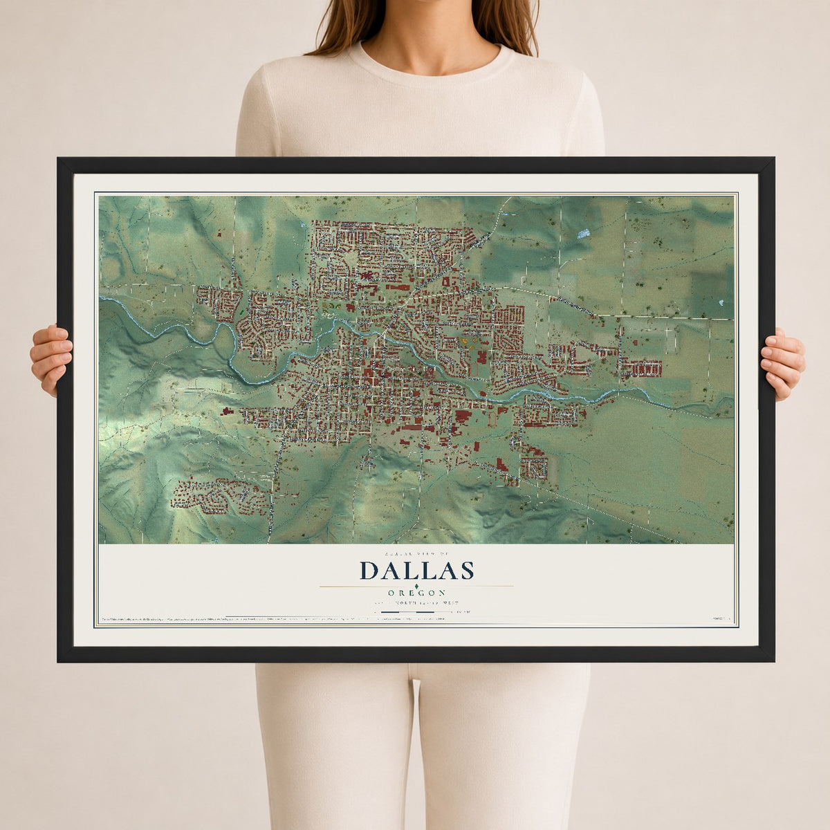 Map of Dallas, Oregon, 24 x 36 inch print in a black wood frame