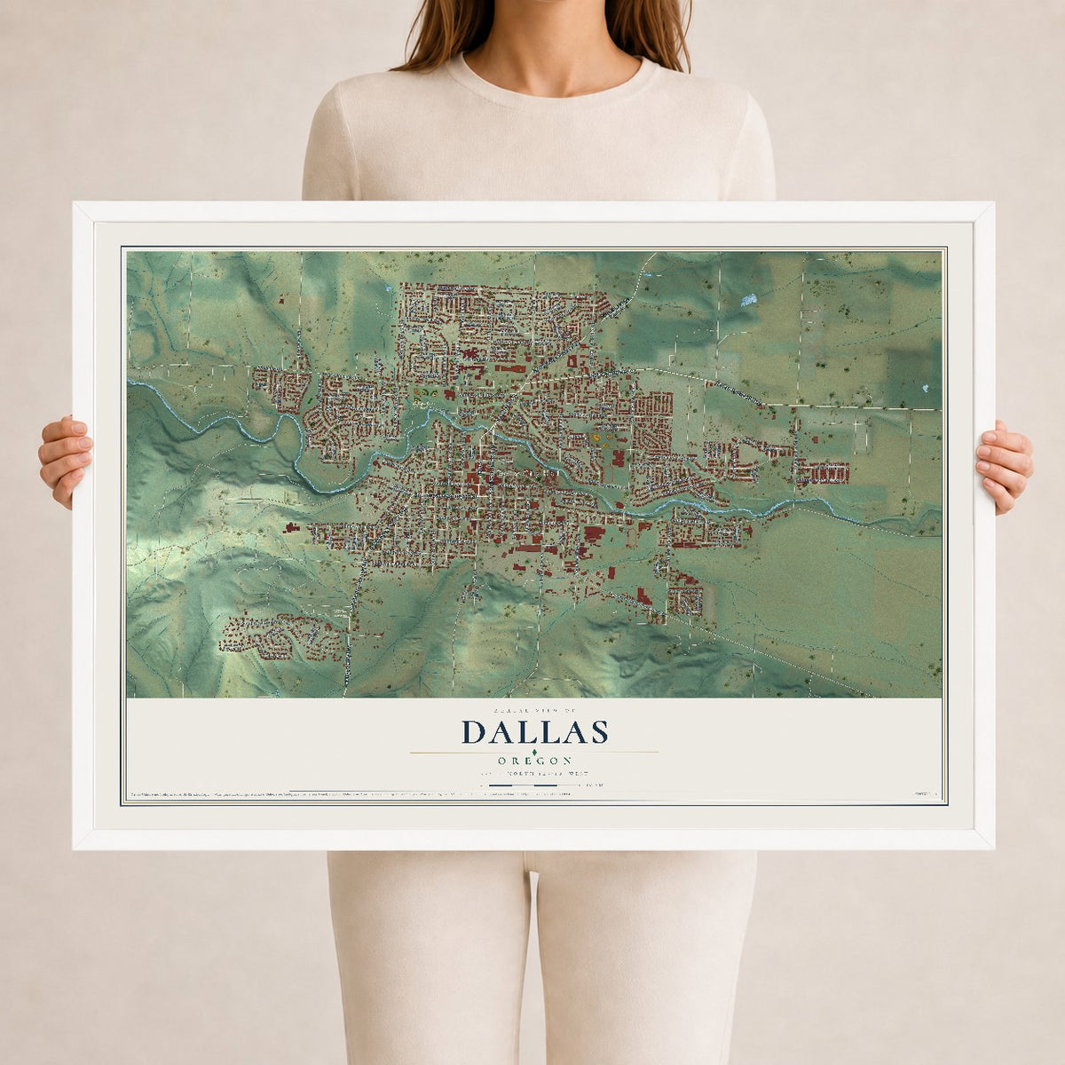 Map of Dallas, Oregon, 24 x 36 inch print in a white wood frame
