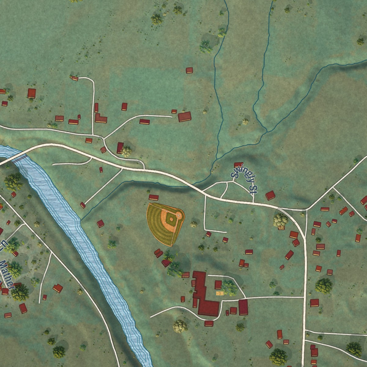 Close-up of the map of Days Creek, Oregon print showing street and building detail