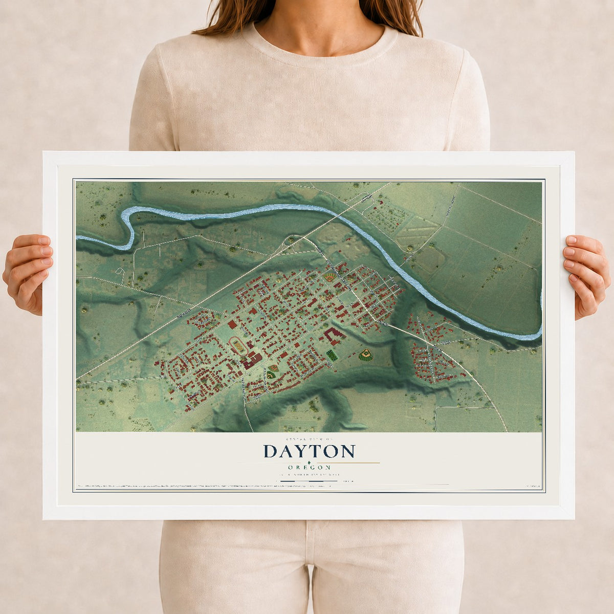 Map of Dayton, Oregon, 12 x 18 inch print in a white wood frame