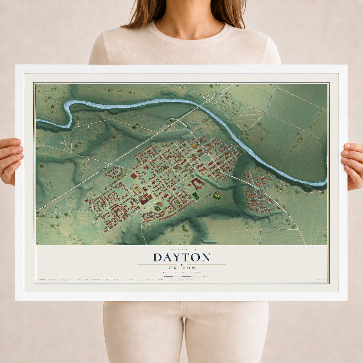 Map of Dayton, Oregon, 18 x 24 inch print in a white wood frame