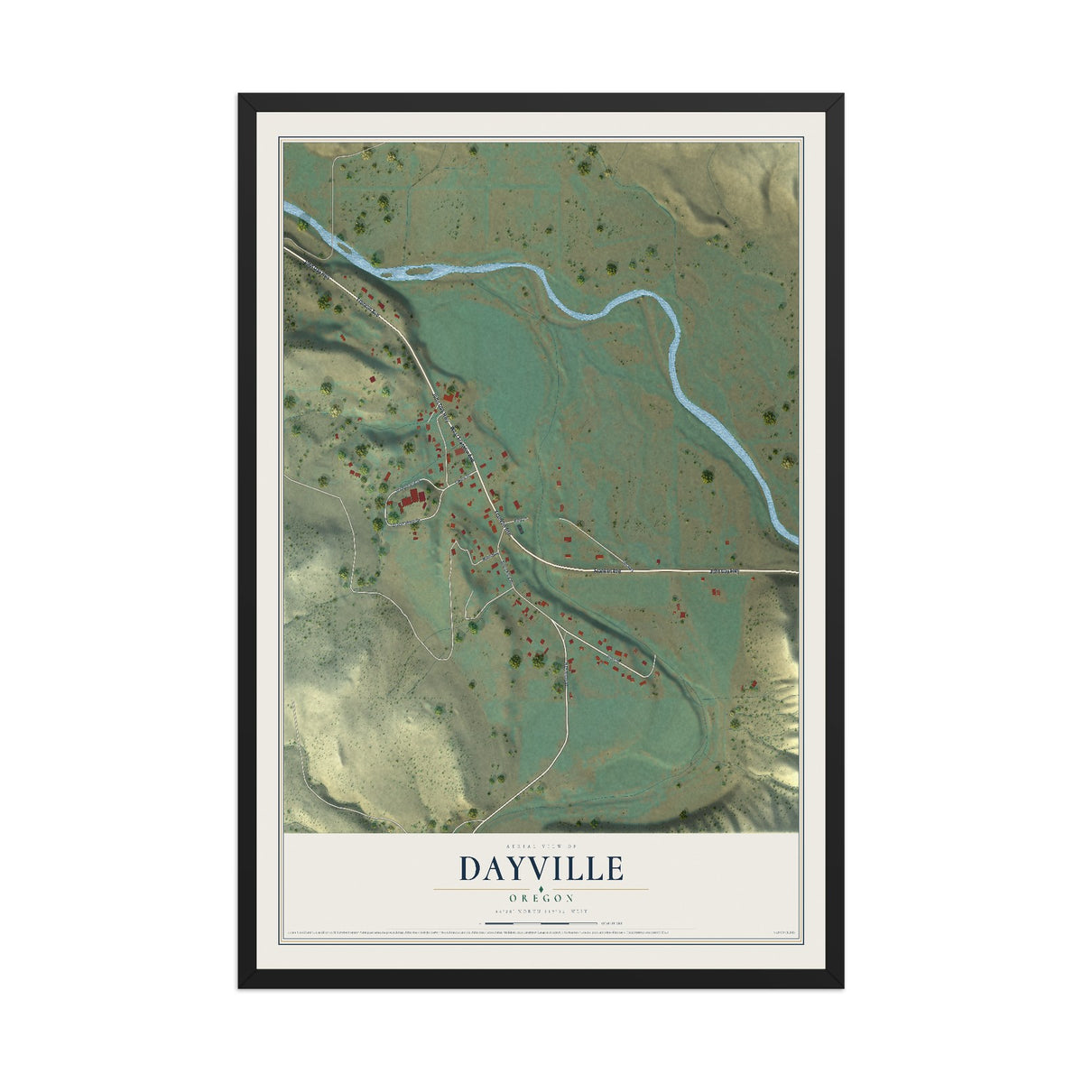 Map of Dayville, Oregon, 12 x 18 inch print in a black wood frame