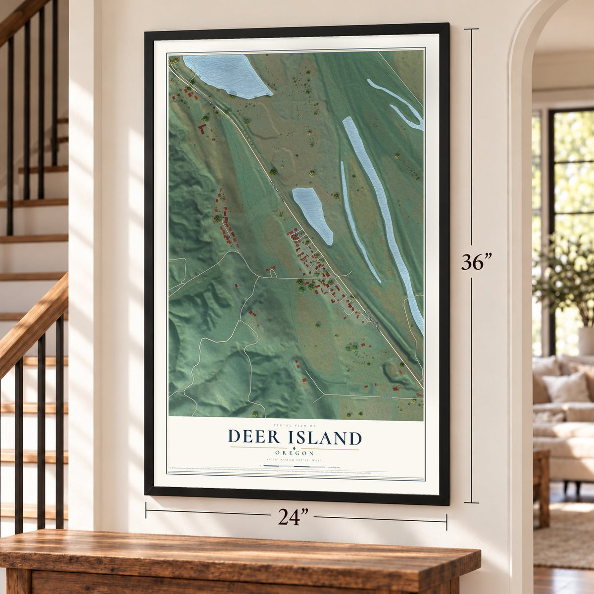 Deer Island, Oregon map, 24 x 36 inch print in a black frame by a staircase