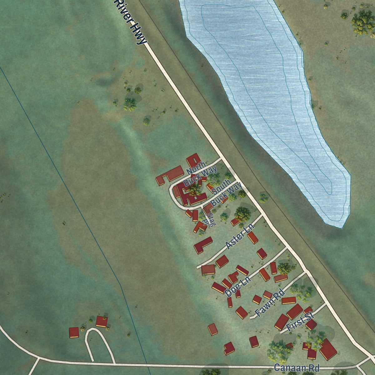Close-up of the map of Deer Island, Oregon print showing street and building detail