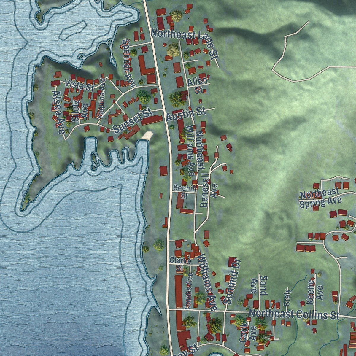 Close-up of the map of Depoe Bay, Oregon print showing street and building detail