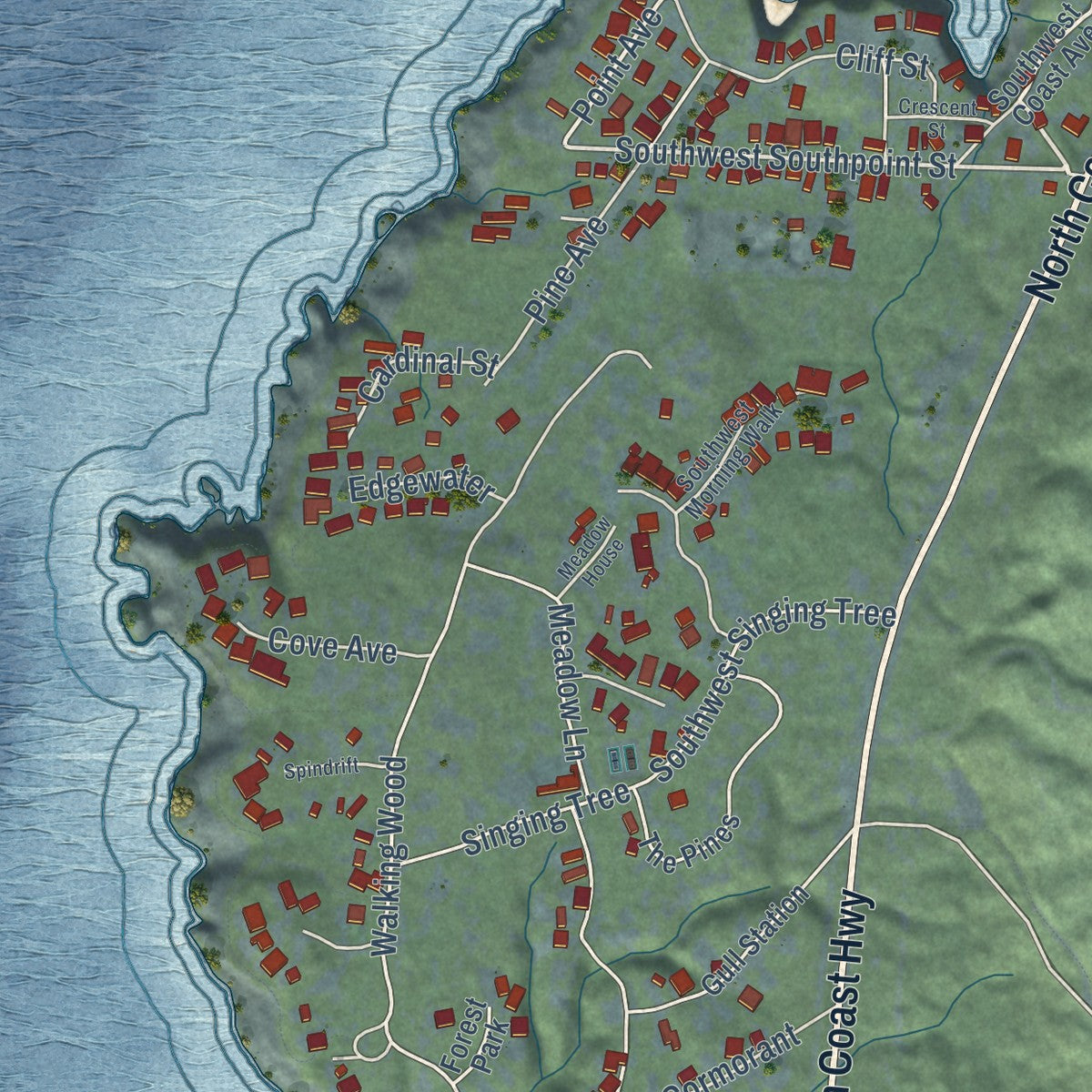 Second close-up of the map of Depoe Bay, Oregon print showing more streets and buildings