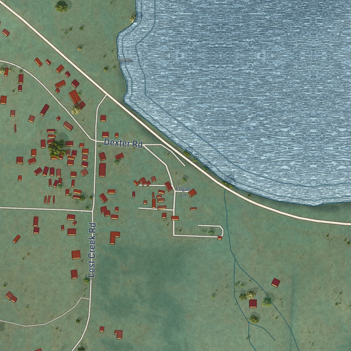 Close-up of the map of Dexter, Oregon print showing street and building detail