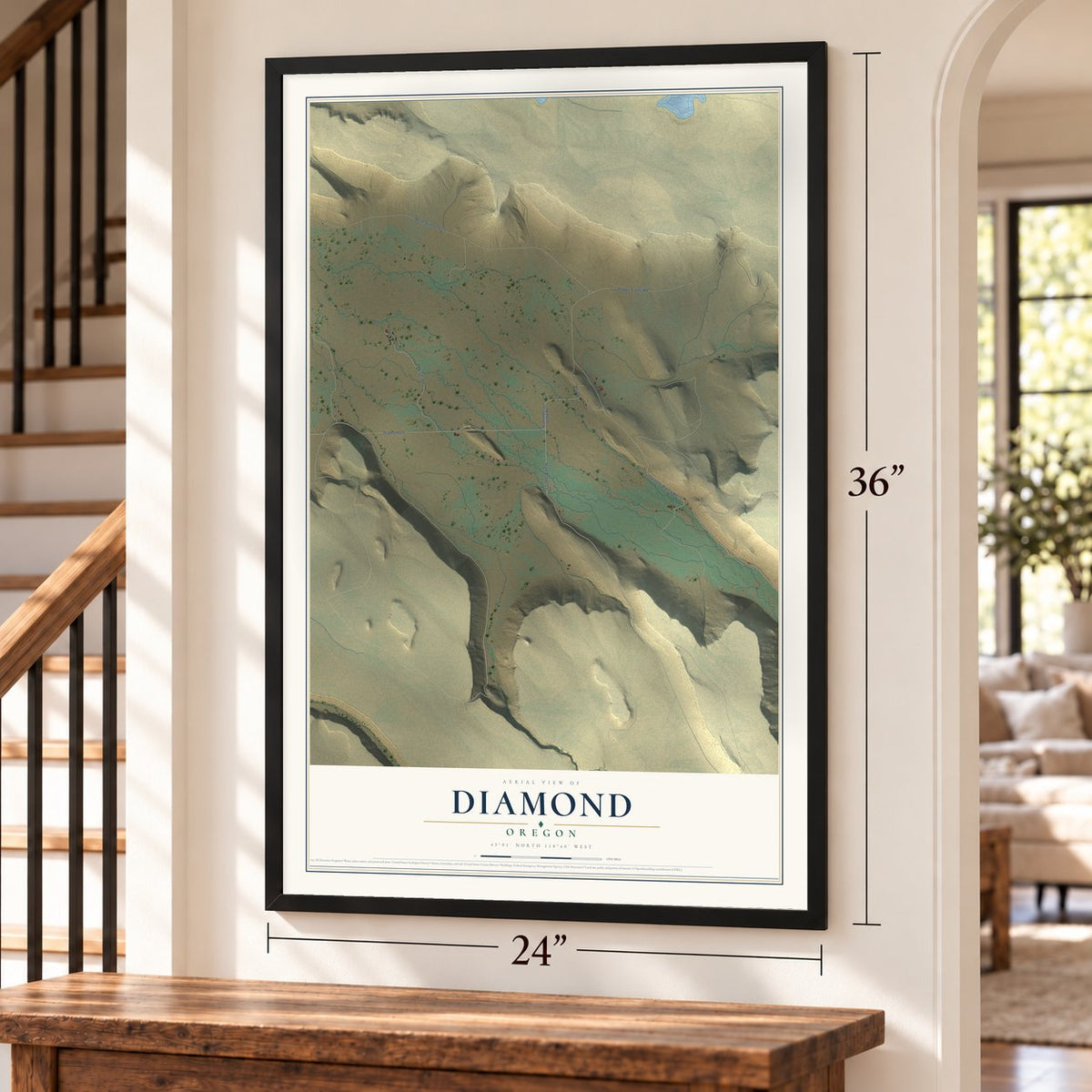 Diamond, Oregon map, 24 x 36 inch print in a black frame by a staircase