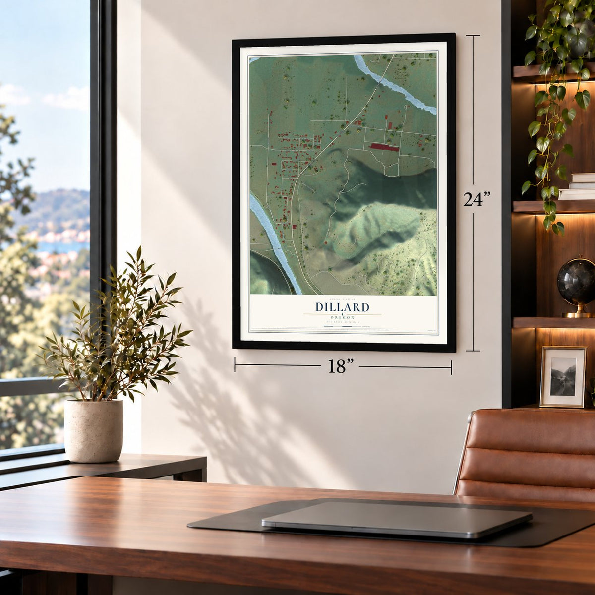 Dillard, Oregon map, 18 x 24 inch print in a black frame in a home office