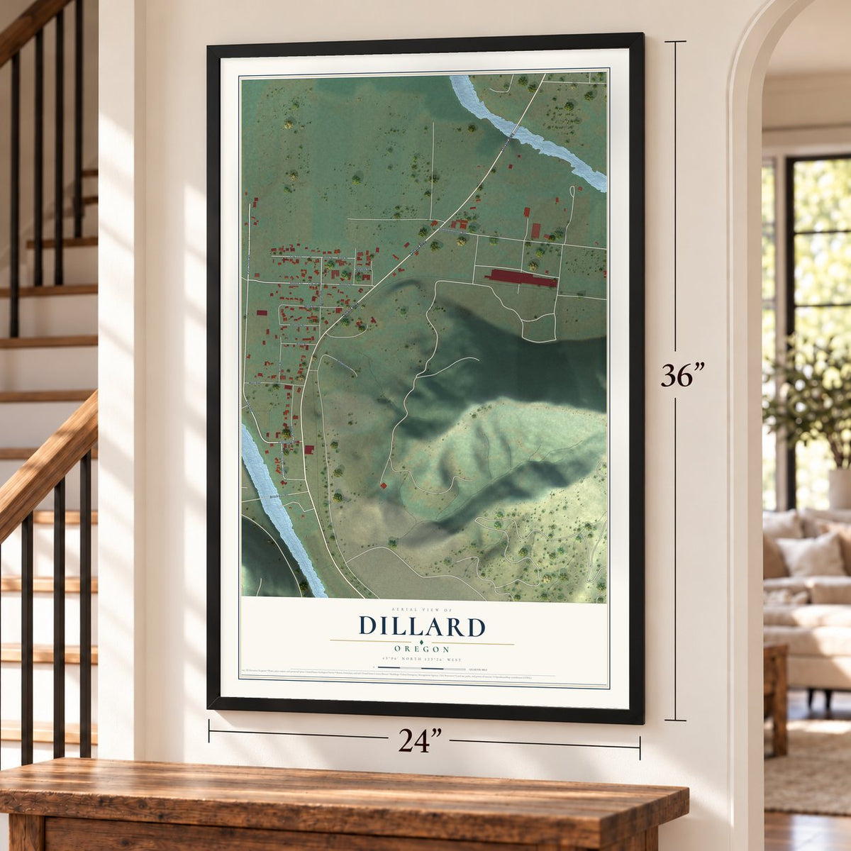 Dillard, Oregon map, 24 x 36 inch print in a black frame by a staircase