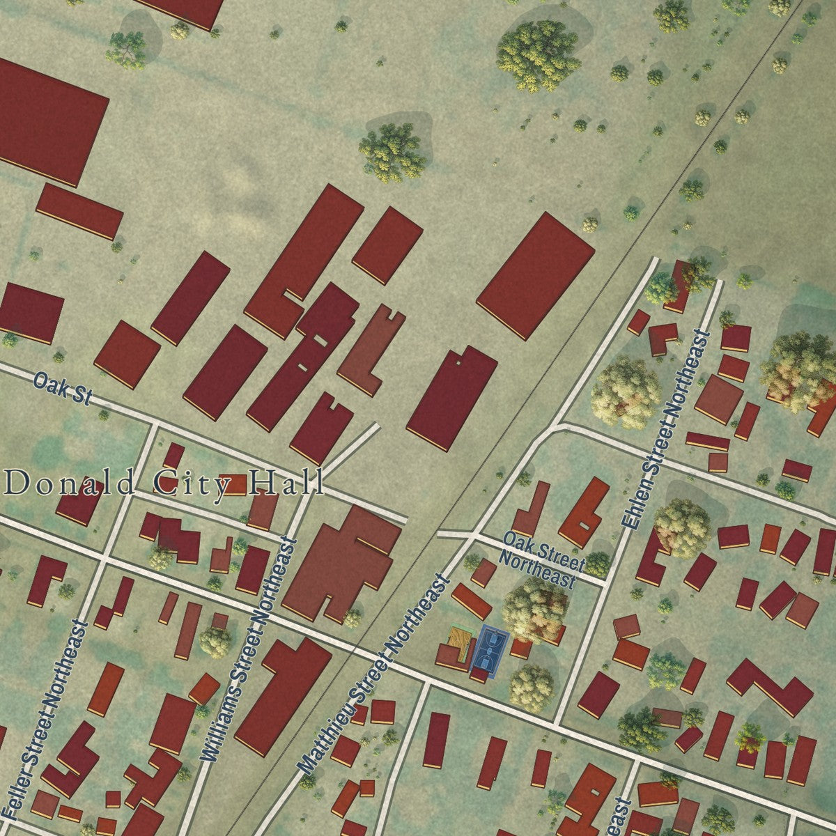 Close-up of the map of Donald, Oregon print showing street and building detail