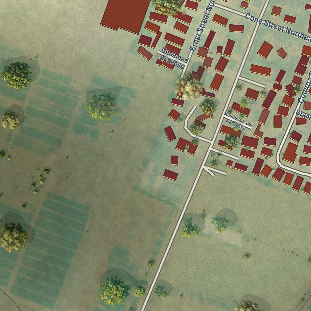 Second close-up of the map of Donald, Oregon print showing more streets and buildings
