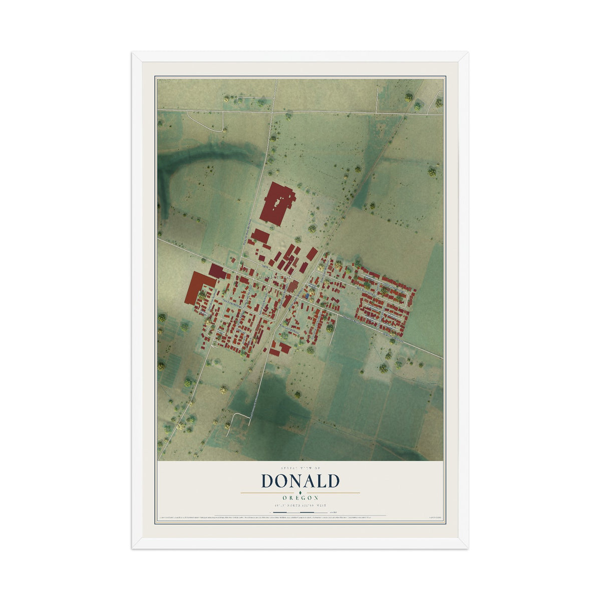 Map of Donald, Oregon, 12 x 18 inch print in a white wood frame