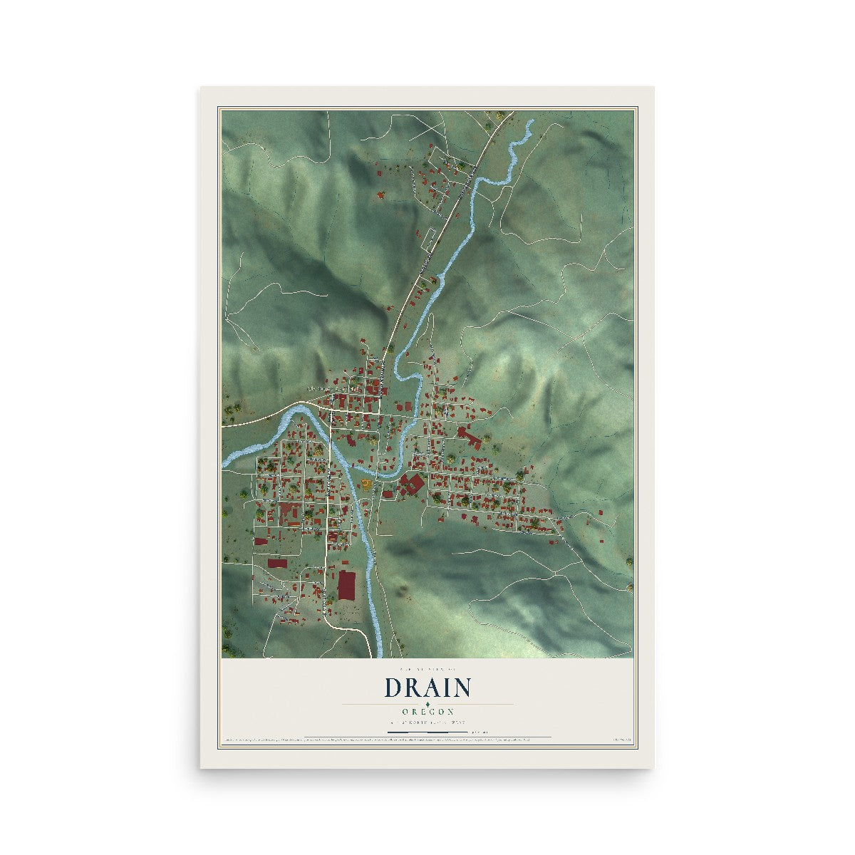 Map of Drain, Oregon, 12 x 18 inch unframed archival matte print