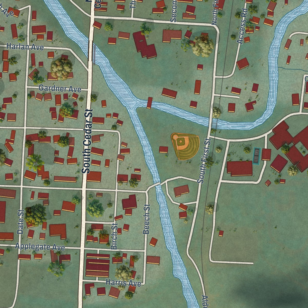 Close-up of the map of Drain, Oregon print showing street and building detail