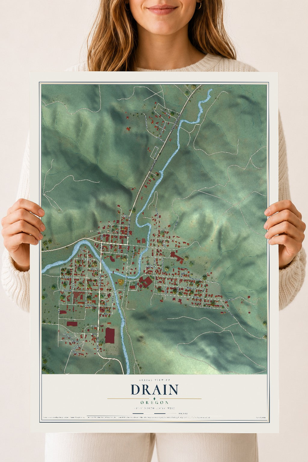 Map of Drain, Oregon, 18 x 24 inch unframed archival matte print