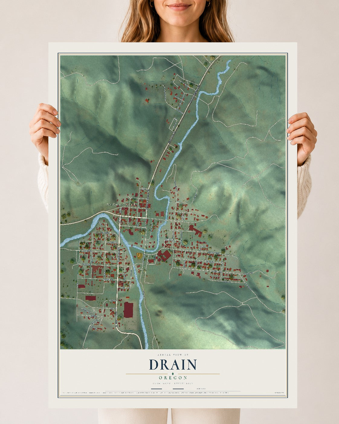 Map of Drain, Oregon, 24 x 36 inch unframed archival matte print