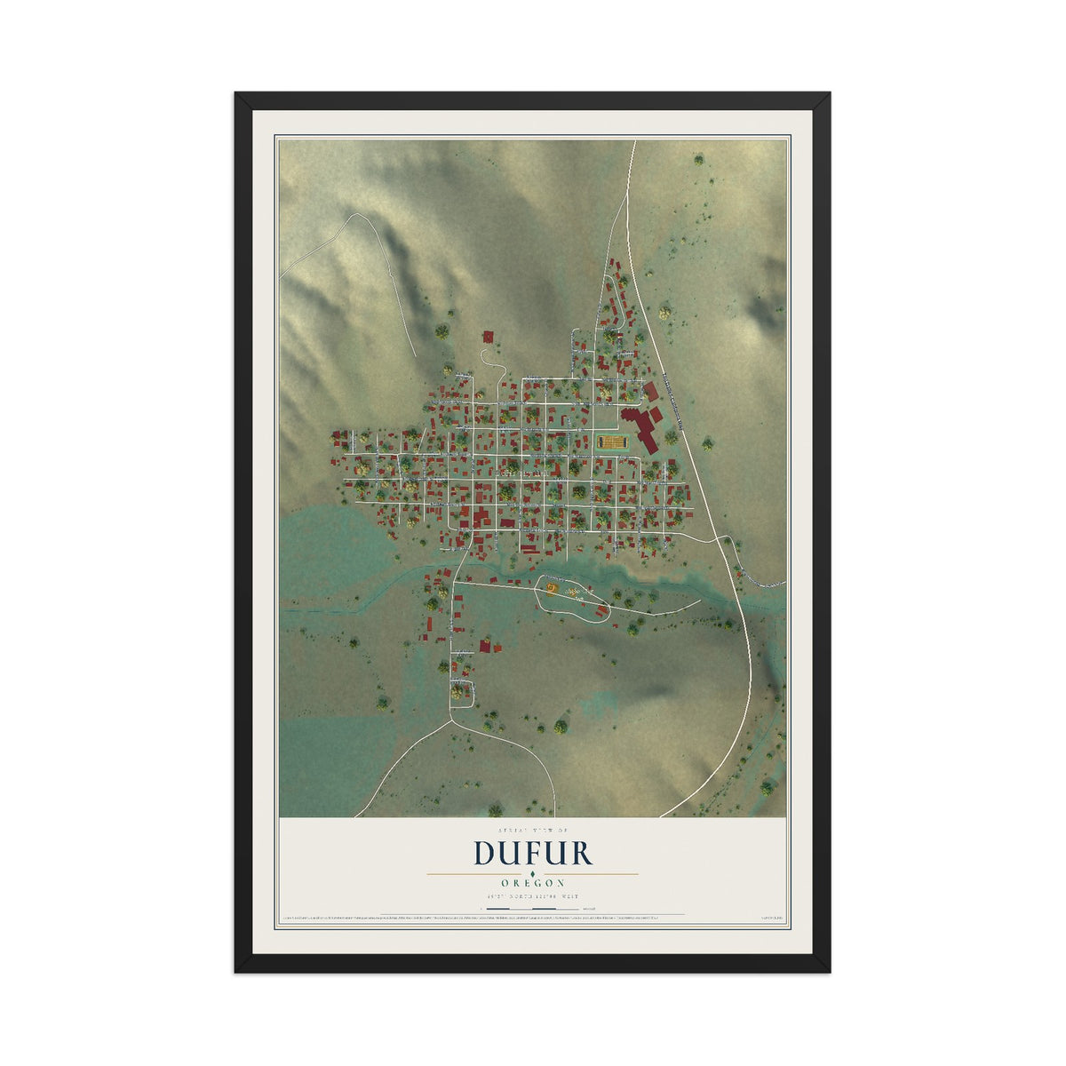 Map of Dufur, Oregon, 12 x 18 inch print in a black wood frame