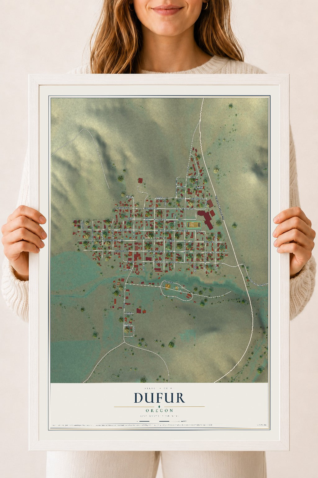 Map of Dufur, Oregon, 18 x 24 inch print in a white wood frame