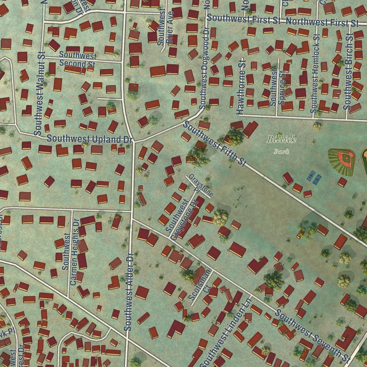 Close-up of the map of Dundee, Oregon print showing street and building detail