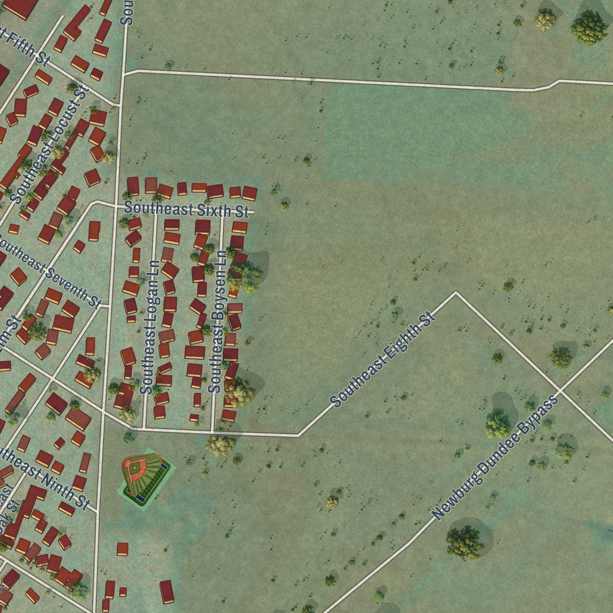 Second close-up of the map of Dundee, Oregon print showing more streets and buildings