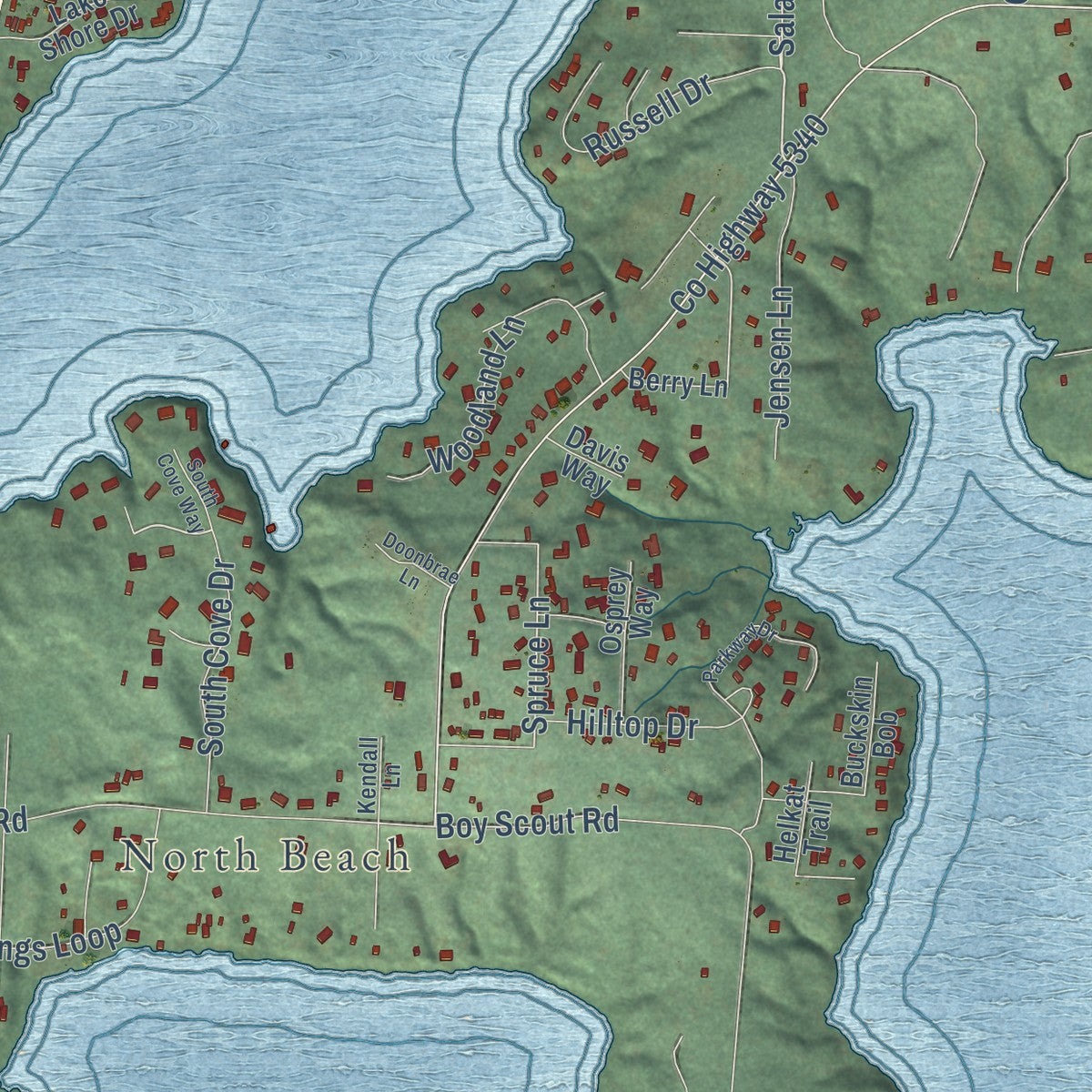Close-up of the map of Dunes City, Oregon print showing street and building detail