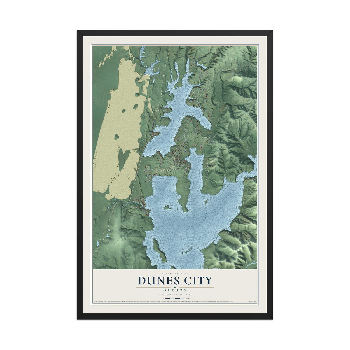 Map of Dunes City, Oregon, 12 x 18 inch print in a black wood frame