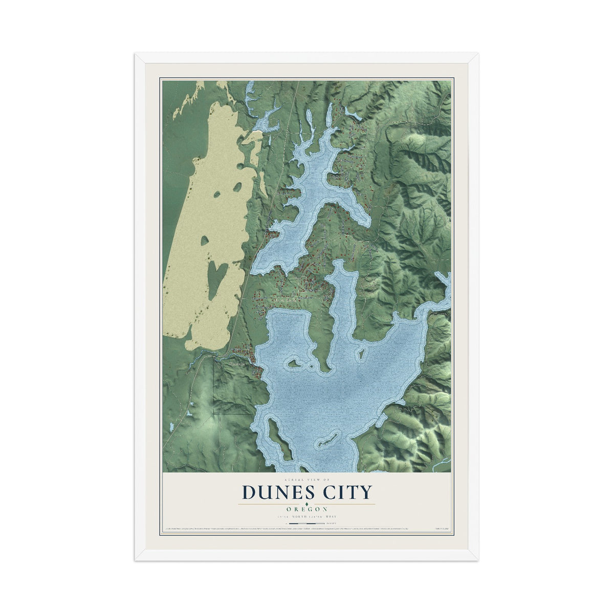 Map of Dunes City, Oregon, 12 x 18 inch print in a white wood frame