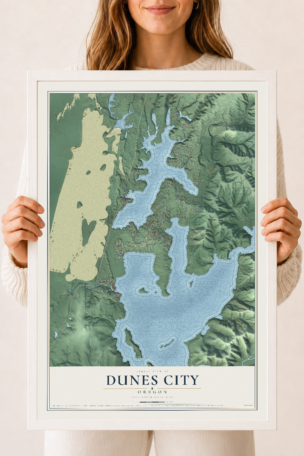Map of Dunes City, Oregon, 18 x 24 inch print in a white wood frame