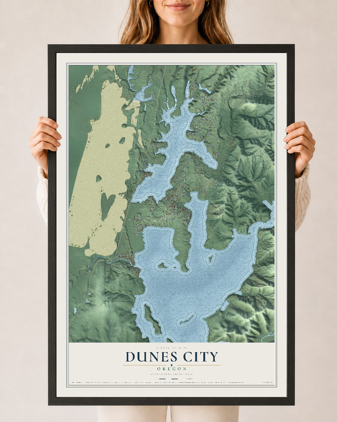 Map of Dunes City, Oregon, 24 x 36 inch print in a black wood frame