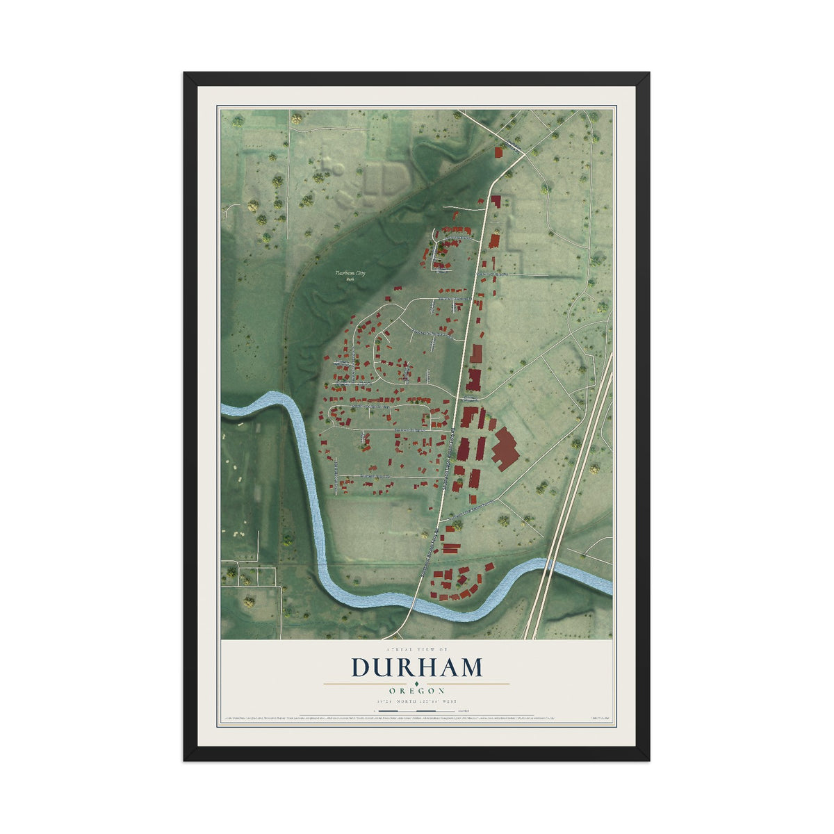 Map of Durham, Oregon, 12 x 18 inch print in a black wood frame