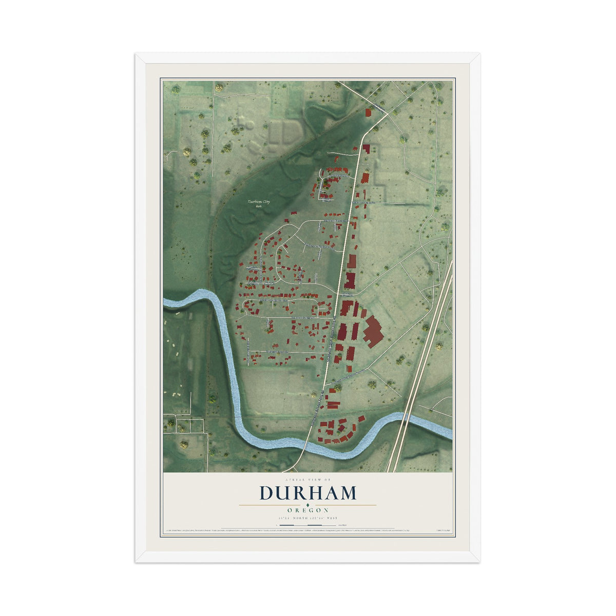 Map of Durham, Oregon, 12 x 18 inch print in a white wood frame
