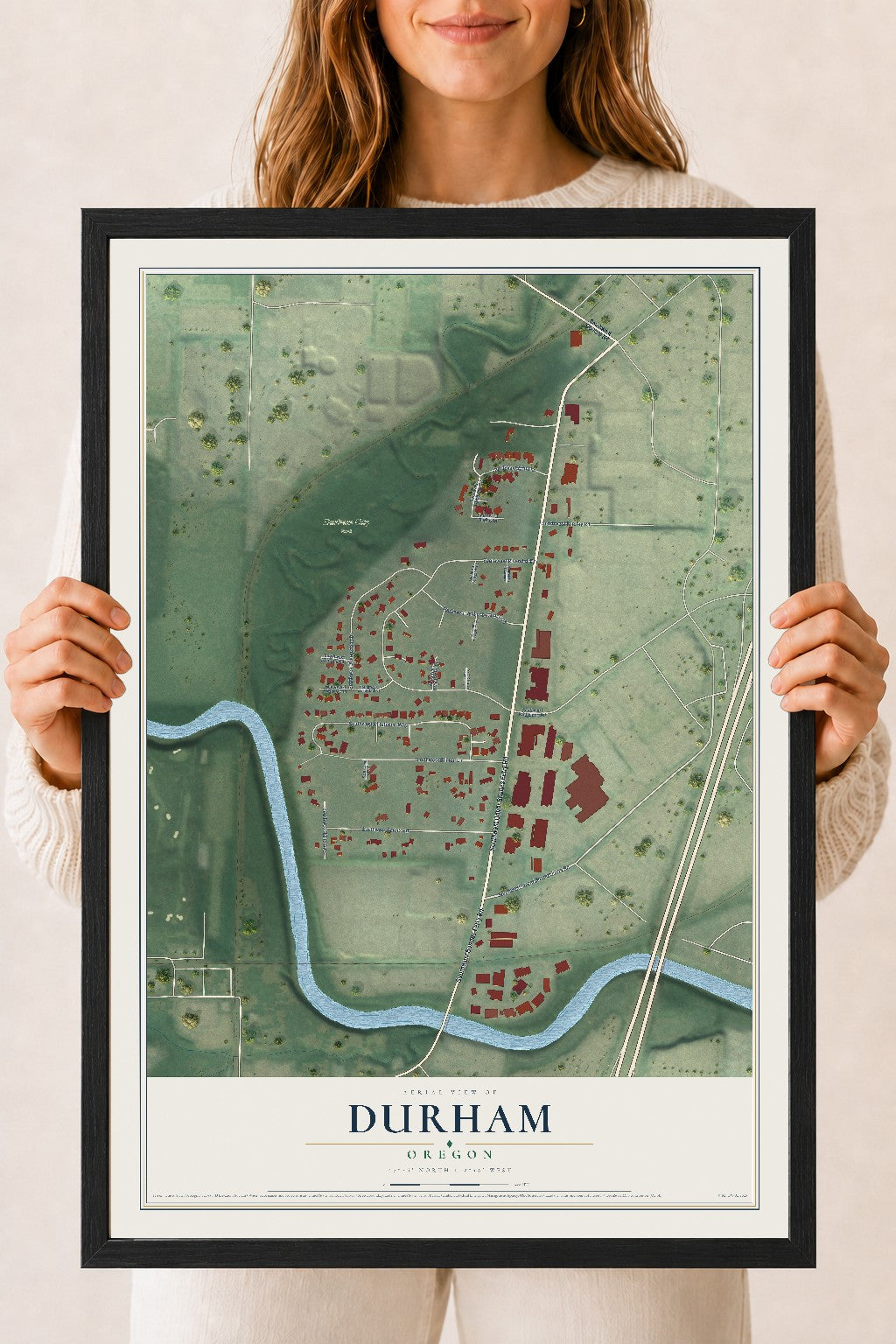 Map of Durham, Oregon, 18 x 24 inch print in a black wood frame