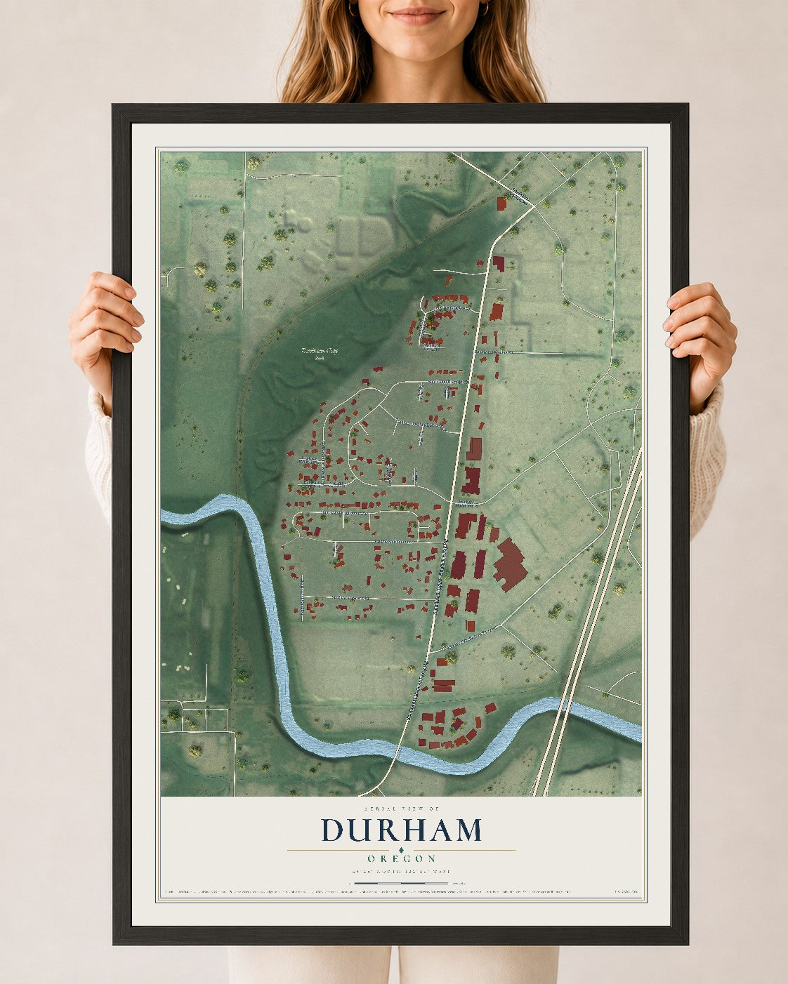 Map of Durham, Oregon, 24 x 36 inch print in a black wood frame