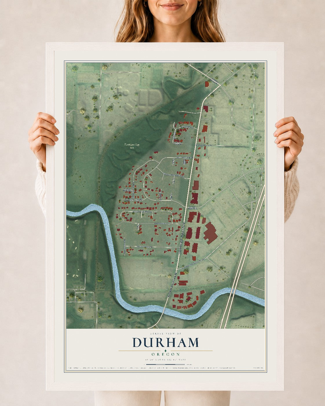 Map of Durham, Oregon, 24 x 36 inch print in a white wood frame