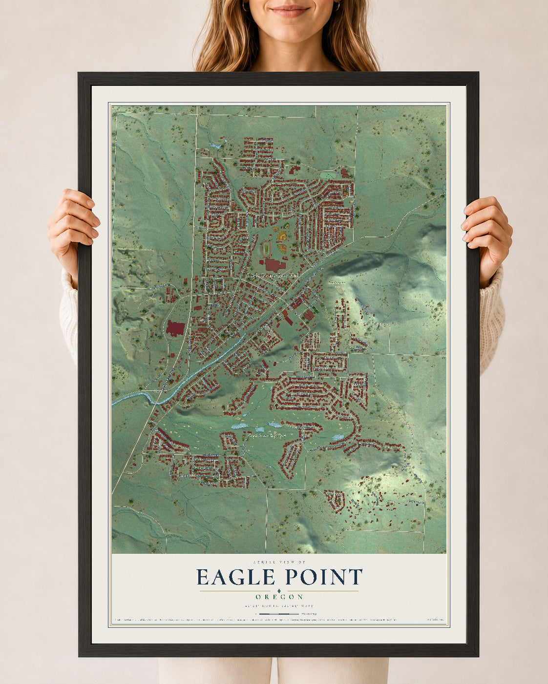 Map of Eagle Point, Oregon, 24 x 36 inch print in a black wood frame