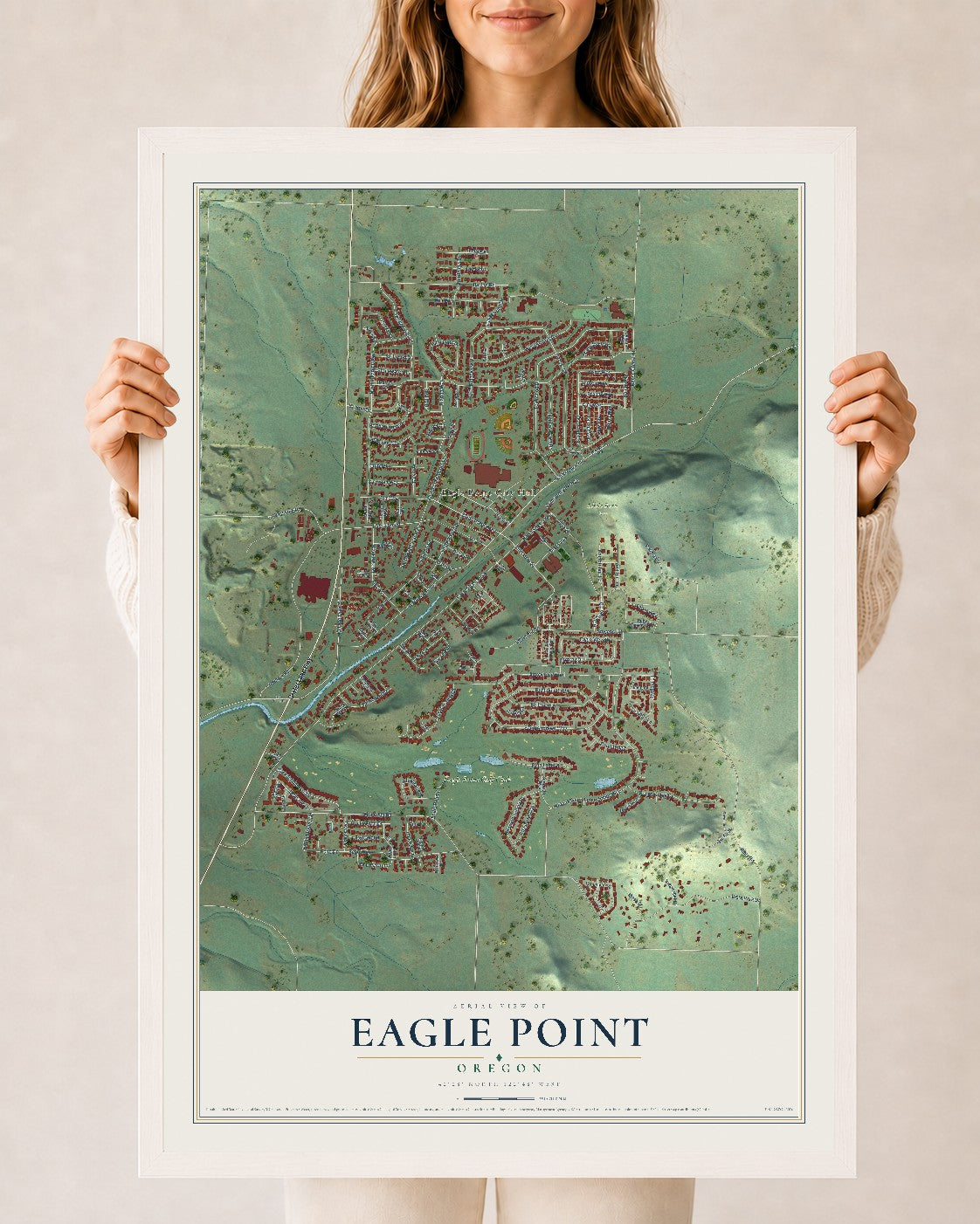 Map of Eagle Point, Oregon, 24 x 36 inch print in a white wood frame