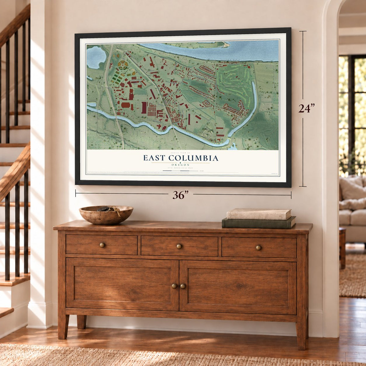East Columbia, Oregon map, 24 x 36 inch print in a black frame above a dresser by a staircase