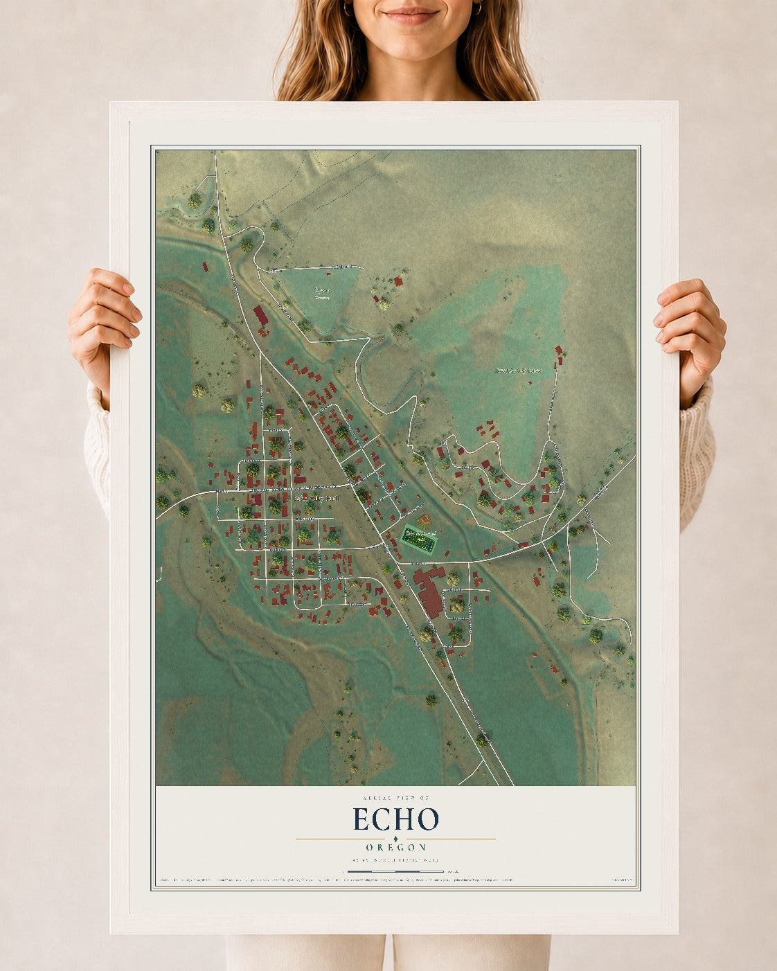 Map of Echo, Oregon, 24 x 36 inch print in a white wood frame