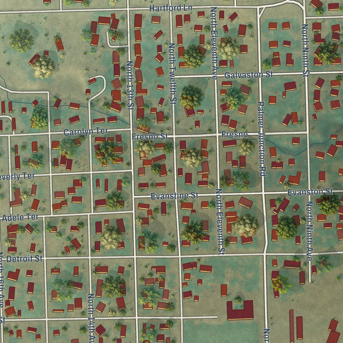 Close-up of the map of Elgin, Oregon print showing street and building detail