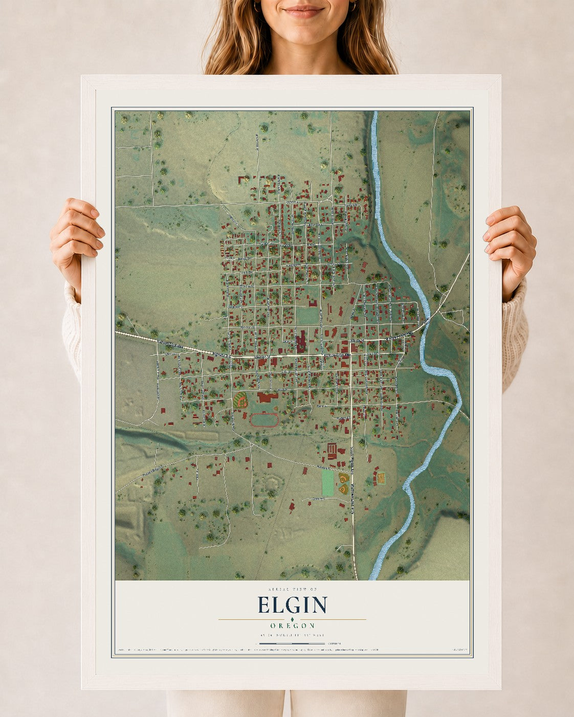 Map of Elgin, Oregon, 24 x 36 inch print in a white wood frame