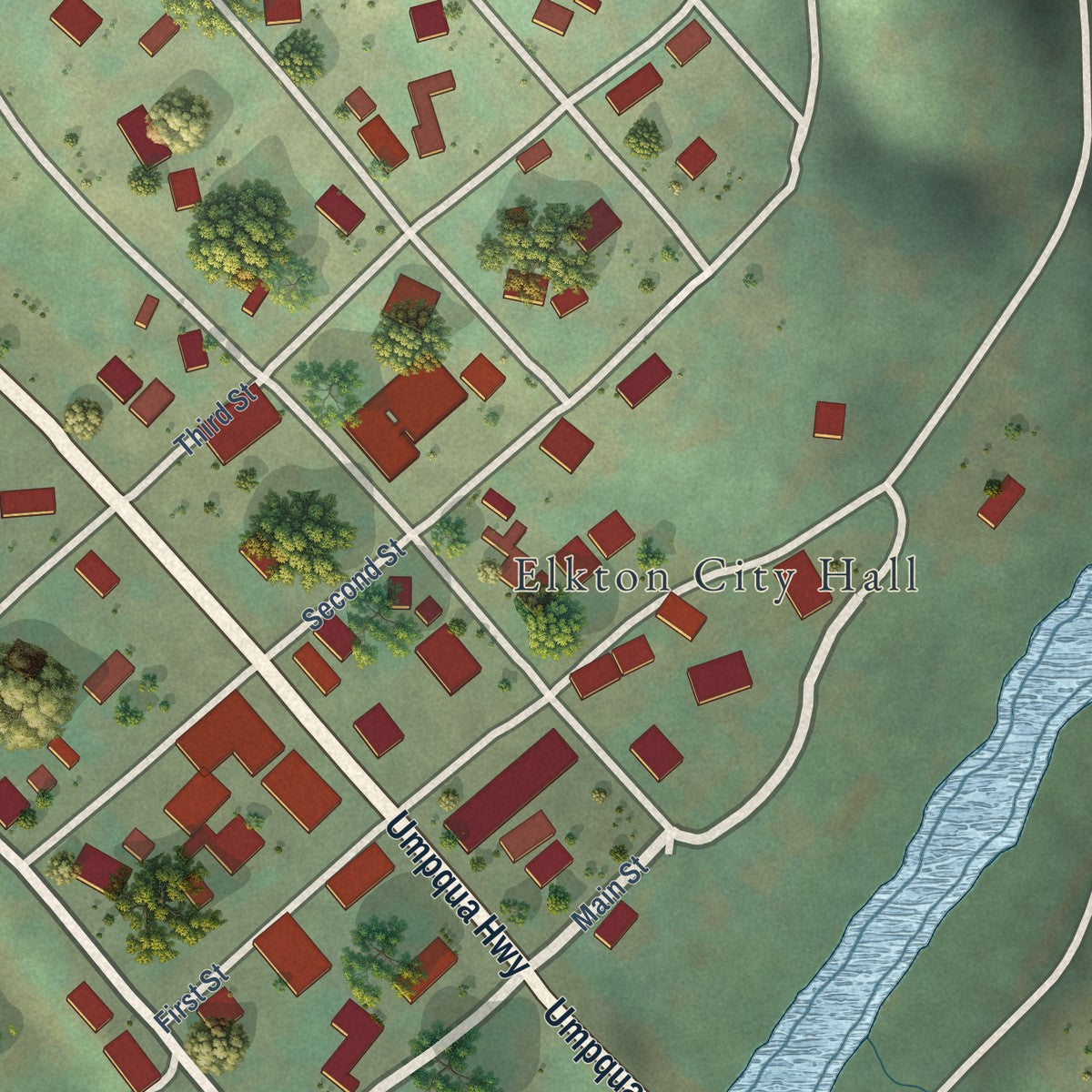 Close-up of the map of Elkton, Oregon print showing street and building detail