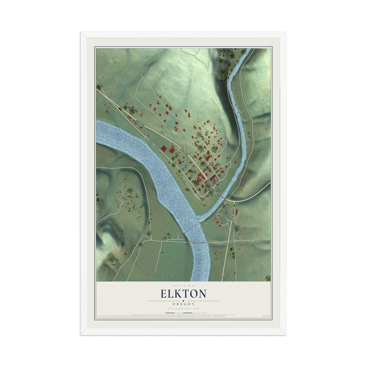 Map of Elkton, Oregon, 12 x 18 inch print in a white wood frame
