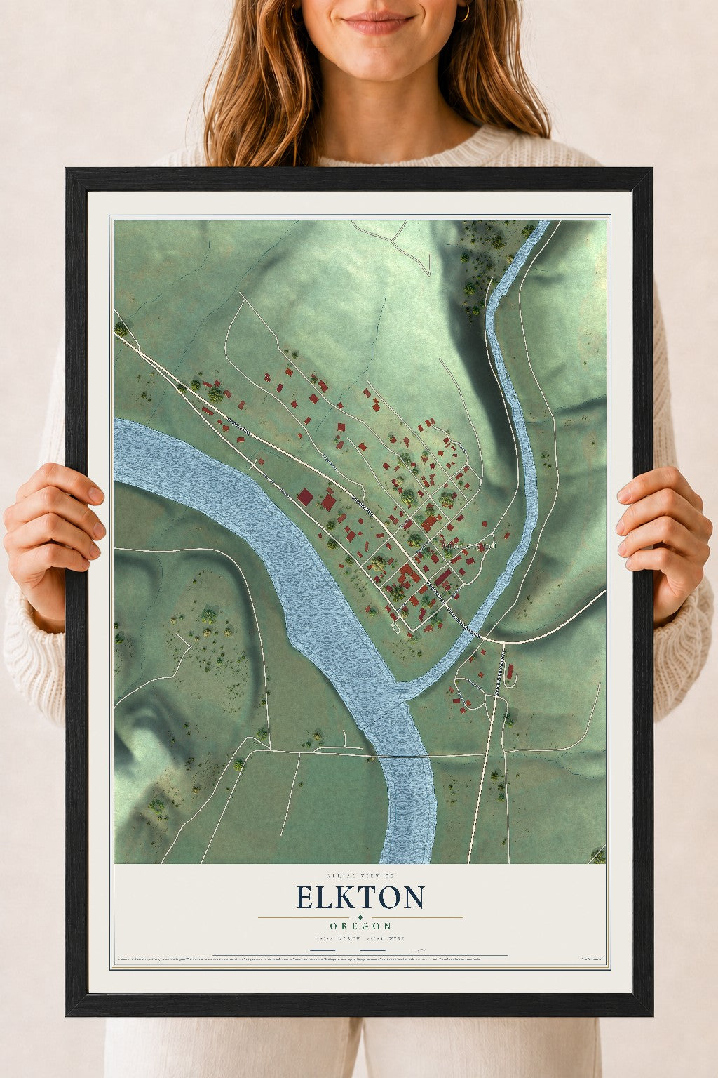 Map of Elkton, Oregon, 18 x 24 inch print in a black wood frame