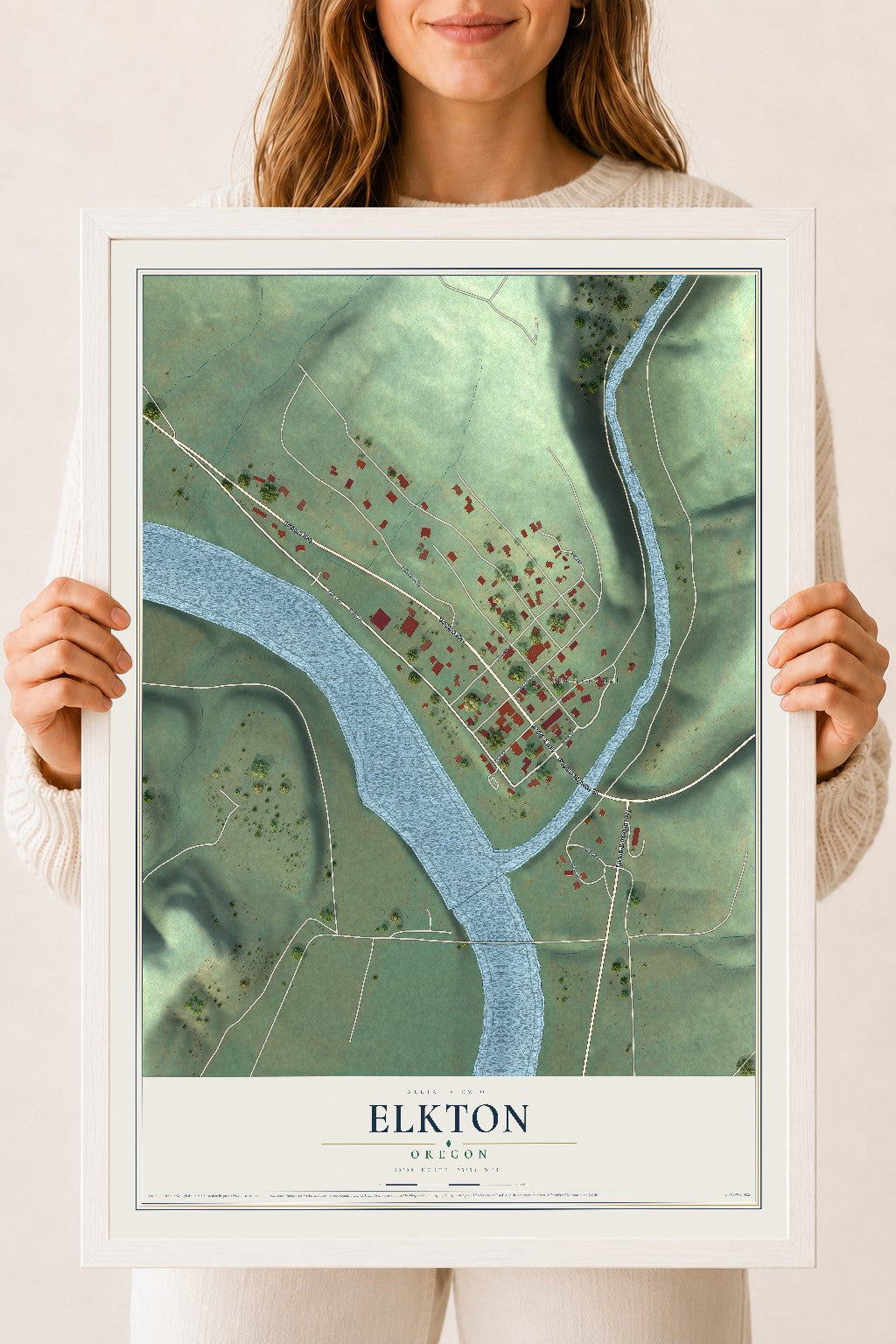 Map of Elkton, Oregon, 18 x 24 inch print in a white wood frame